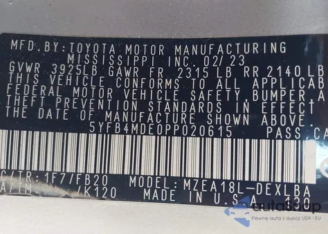 2023 Toyota Corolla Le из США, поврежденный, VIN 5YFB4MDE0PP020615